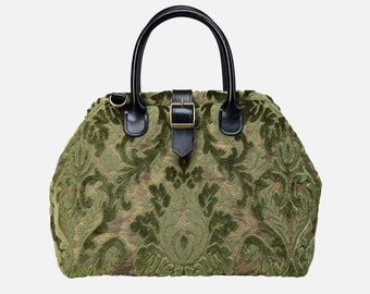 Handsewn Carpet Purse-Mary Poppins Carpet Bag-Everyday Carry Shoulder Bag- Burnout Velvet Fern Green