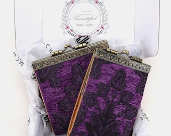 11 & 17 Card Slots Wallet-Handsewn Carpet Wallet-Vintage Kiss Lock ID Pouch-Clasp Card Holder-Gift for Her-Victorian Blossom Purple