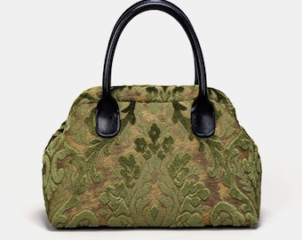 Carpet Satchel-Mary Poppins Carpet Bag-Everyday Carry Crossbody Bag-Burnout Velvet Fern Green