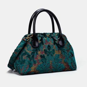 Carpet Satchel-Mary Poppins Carpet Bag-Everyday Carry Crossbody Bag-Burnout Velvet Jade Green handle