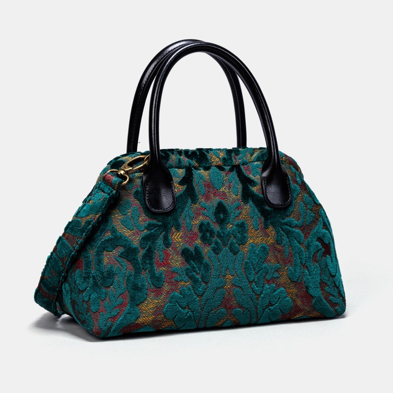 Carpet Satchel-Mary Poppins Carpet Bag-Everyday Carry Crossbody Bag-Burnout Velvet Jade Green handle