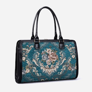 Borsa da viaggio artigianale - Borsa da lavoro da donna - Borsa da lavoro vintage per laptop - Borsa multiscomparto per laptop, cartelle e cancelleria - Verde acqua floreale