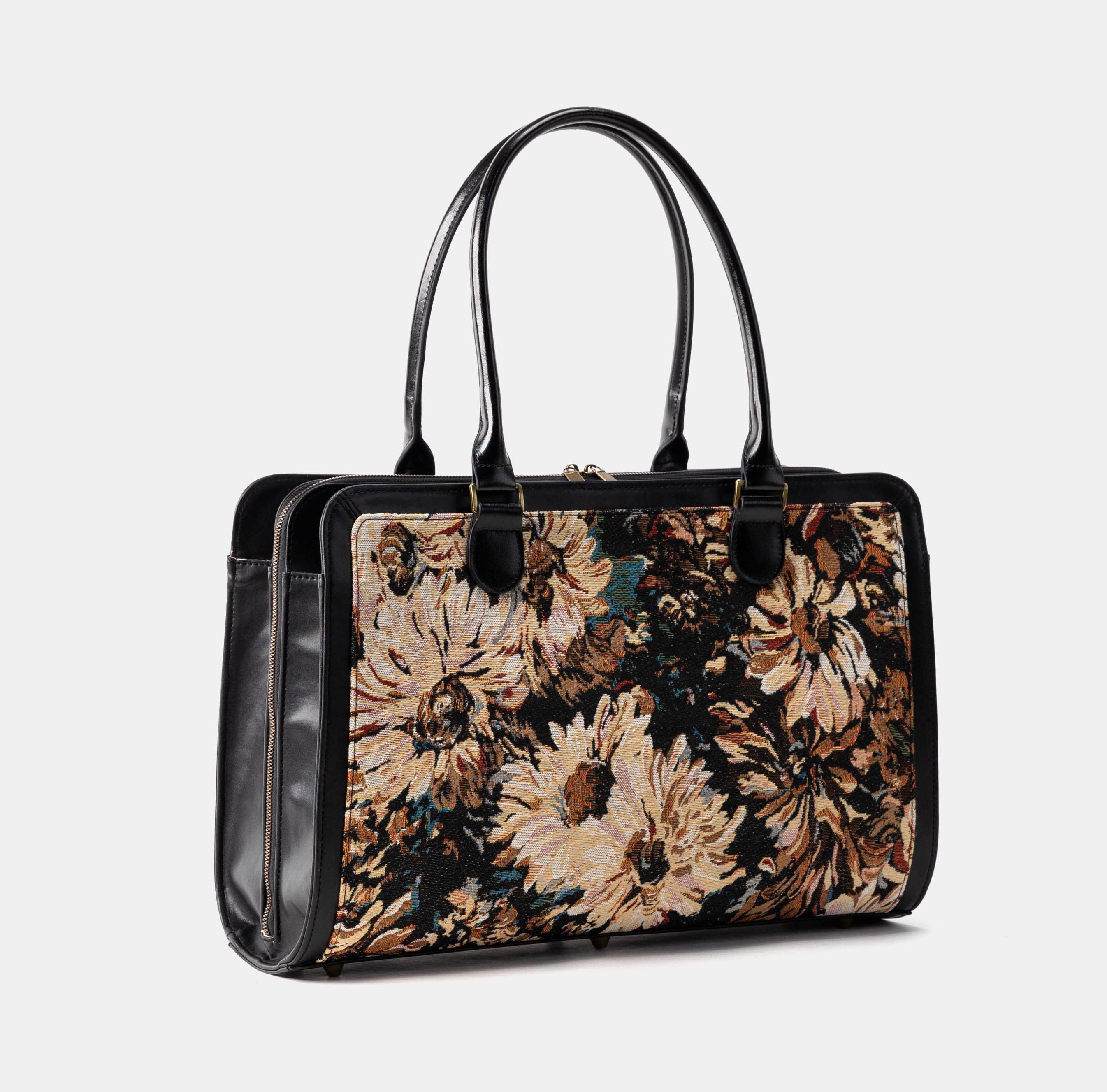 Handcrafted Carpetbag-Women Business Tote-Vintage Laptop Work Bag-Multi-Compartments Carryall for Laptop, Folders -Blooming Daisy Black