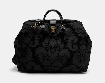 Handsewn Carpet Work Bag-Laptop Brief Case-Vintage Work Tote-Travel Shoulder Bag-Victorian Blossom Black/Black