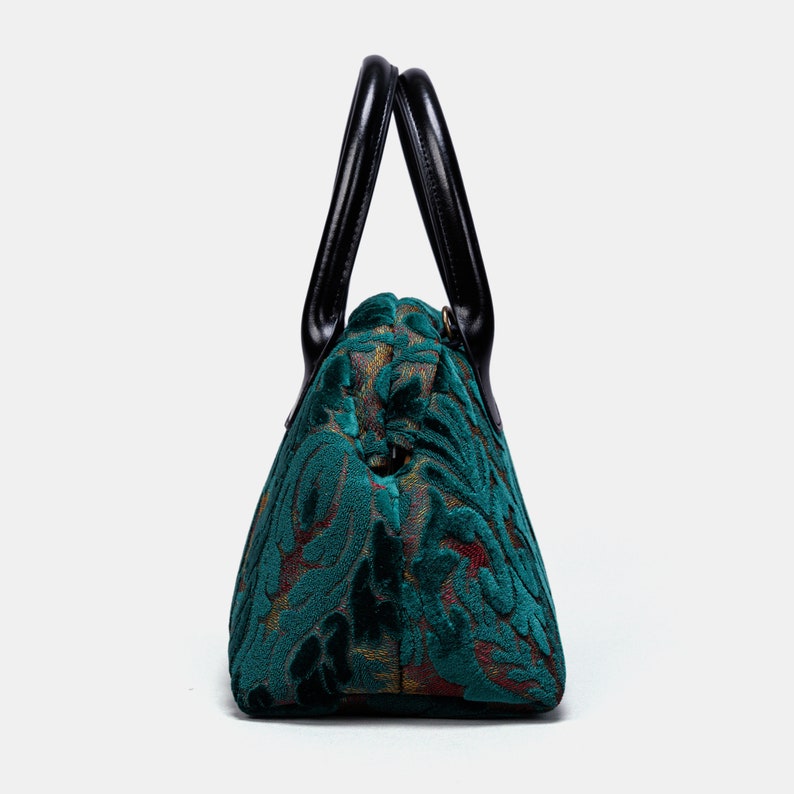 Carpet Satchel-Mary Poppins Carpet Bag-Everyday Carry Crossbody Bag-Burnout Velvet Jade Green side