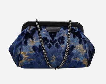 Handgenähte Teppich Clutch-Vintage Abend Tasche-Rahmen Tasche-Kette Geldbörse -Burnout Samt Navy