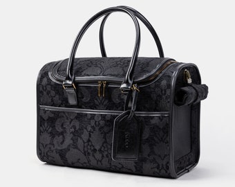 Personalized Travel Dog Carrier-Pet Bag -Carry On dog Bag-Travel Cat Carrier- Victorian Blossom Black/Black