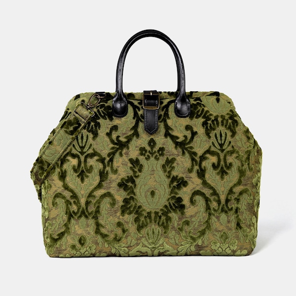 Handcrafted Mary Poppins Bag-Carpet Weekender-Carpet Travel Bag-Duffel Bag-Burnout Velvet Fern Green