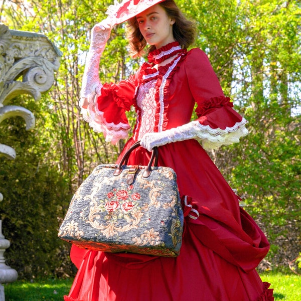 Handcrafted Mary Poppins Bag-Carpet Weekender-Carpet Travel Bag-Duffel Bag-Baroque Garden Grey