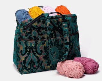Carpet Project Bag-Knitting and Crochet Bag-Mary Poppins Carpet Bag-Work Bag- Burnout Velvet Jade Green