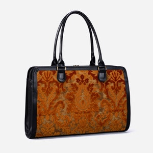 Borsa da viaggio artigianale - Borsa da lavoro per donna - Borsa da lavoro per laptop - Borsa multiscomparto per laptop, cartelle e cancelleria - Velluto arancione bruciato