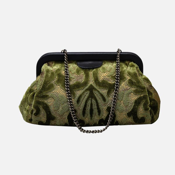Handsewn Carpet Clutch-Vintage Evening Bag-Frame Bag-Chain Purse -Burnout Velvet Fern Green