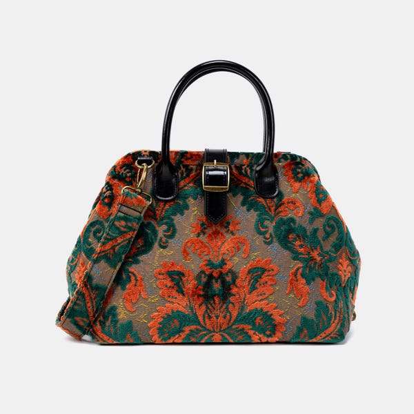 Handsewn Carpet Purse-Mary Poppins Carpet Bag-Everyday Carry Shoulder Bag- Burnout Velvet Revival Jade