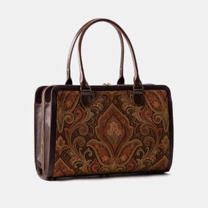 Handgefertigte Teppichtasche-Frauen Business Tote-Vintage Laptop Arbeitstasche-Multi-Fächer Carryall für Laptop, Ordner -Damask D. Braun