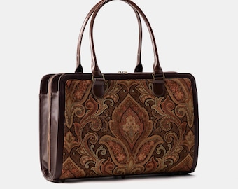 Handcrafted Carpetbag-Women Business Tote-Vintage Laptop Work Bag-Multi-Compartments Carryall for Laptop, Folders -Damask D. Brown