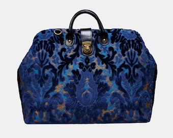 Handsewn Carpet Work Bag-Laptop Brief Case-Vintage Work Tote-Travel Shoulder Bag-Burnout Velvet Navy