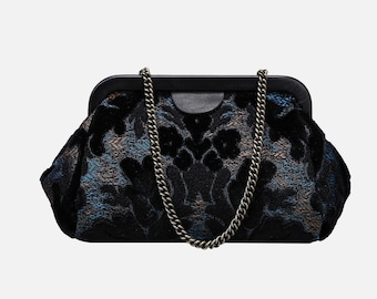 Handsewn Carpet Clutch-Vintage Evening Bag-Frame Bag-Chain Purse -Burnout Velvet Black