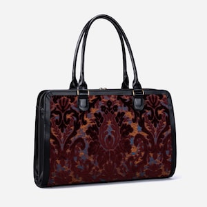 Borsa da viaggio artigianale - Borsa da lavoro per donna - Borsa da lavoro per laptop - Borsa multiscomparto per laptop, cartelle e cancelleria - Vino in velluto bruciato