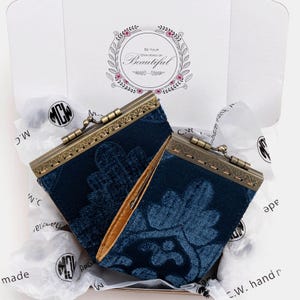 Cartera con 11 y 17 ranuras para tarjetas, billetera de alfombra cosida a mano, bolsa de identificación vintage con cierre de beso, tarjetero con cierre, regalo para ella, lista para regalar, color azul real