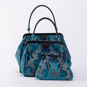 Sac Carpet - Collection Alma Carpet - Sac à bandoulière à porter au quotidien - Sac à main avec poignée sur le dessus - Pochette de soirée - Velours bleu aqua dévoré