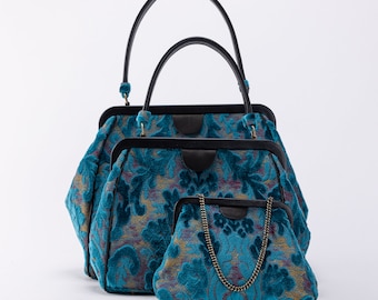 Carpet Bag-Alma Collection Carpet Purse-Everyday Carry Shoulder Bag - Top Handle Handbag - Clutch Evening Bag - Burnout Velvet Aqua Blue