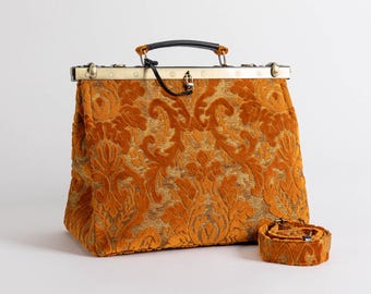 Gladstone Bag-Carpet Doctor Bag-Victorian Weekender Bag-Shoulder Frame Bag-Celine Burnout Velvet Orange