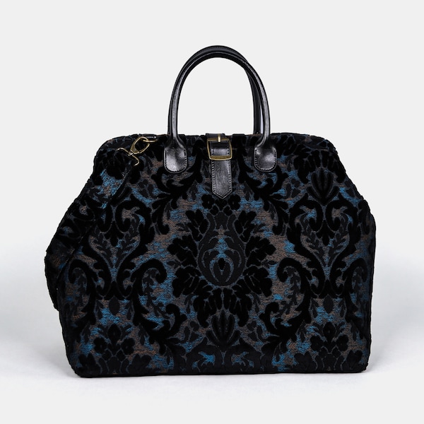 Handgefertigte Mary Poppins Tasche-Teppich Weekender-Teppich Reisetasche-Duffel Bag-Burnout Samt Schwarz
