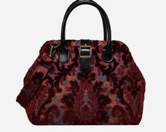 Handsewn Carpet Purse-Mary Poppins Carpet Bag-Everyday Carry Shoulder Bag- Burnout Velvet Wine