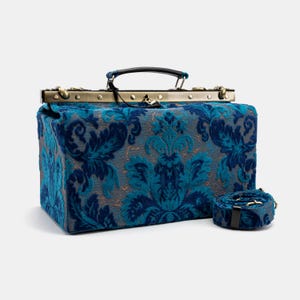 Gladstone Bag-Carpet Doctor Bag-Victorian Weekender Bag-Shoulder Frame Bag-Genevieve Burnout Velvet Revival Aqua