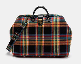 Handsewn Carpet Work Bag-Laptop Brief Case-Vintage Work Tote-Travel Shoulder Bag- Tartan Stewart Black