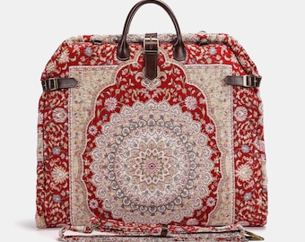 Carpet Carry-On Foldable Garment Bag- Elegant Travel Bag with Organizer Pockets for Dresses, Suits & Accessories- Oriental Red