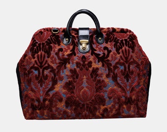 Handsewn Carpet Work Bag-Laptop Brief Case-Vintage Work Tote-Travel Shoulder Bag-Burnout Velvet Wine