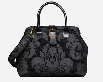 Handsewn Carpet Purse-Mary Poppins Carpet Bag-Everyday Carry Shoulder Bag-Victorian Blossom Black/Black