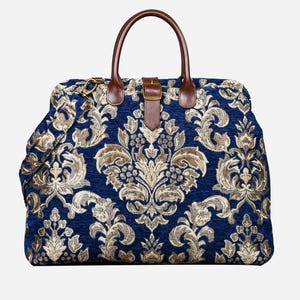 Bolso Mary Poppins artesanal, bolso de fin de semana, bolso de viaje, bolso de lona, estilo victoriano, azul flor y dorado.