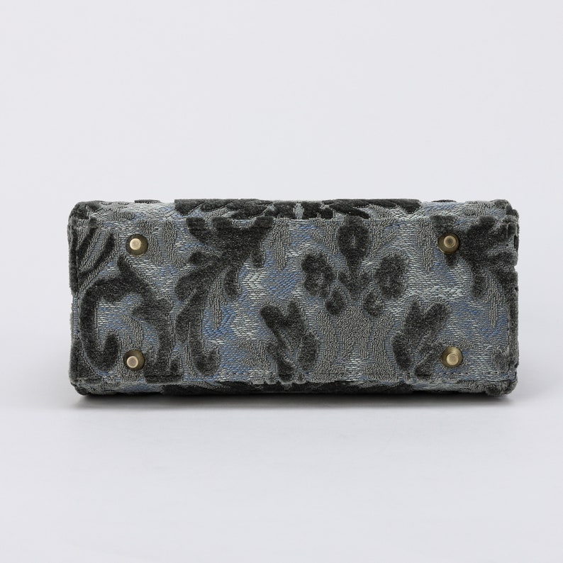 Handcrafted Carpetbag-Top Handle Bag-Satchel with front Flap-Shoulder Bag-Burnout Velvet Steel Blue bottom