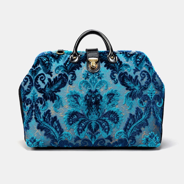 Handsewn Carpet Work Bag-Laptop Brief Case-Vintage Work Tote-Travel Shoulder Bag-Burnout Velvet Revival Aqua