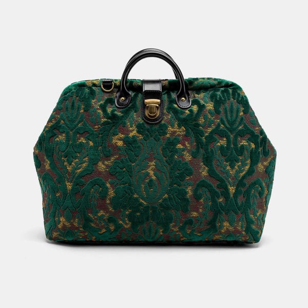 Handsewn Carpet Work Bag-Laptop Brief Case-Vintage Work Tote-Travel Shoulder Bag-Burnout Velvet Jade Green