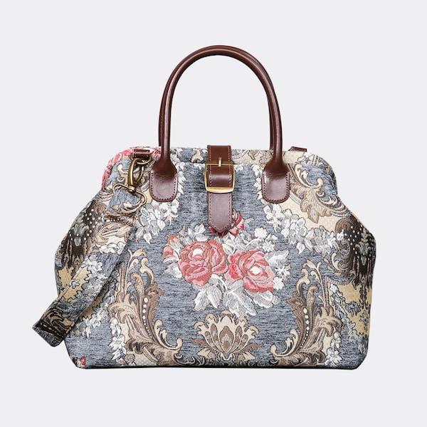 Handsewn Carpet Purse-Mary Poppins Carpet Bag-Everyday Carry Shoulder Bag-BROCADE Grey