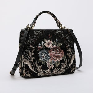 Bolso de mano artesanal con asa superior, cartera con solapa delantera, bolso de hombro, diseño floral negro