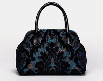 Carpet Satchel-Mary Poppins Carpet Bag-Everyday Carry Crossbody Bag-Burnout Velvet Black