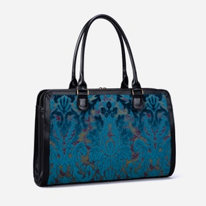 Borsa da viaggio artigianale - Borsa da lavoro per donna - Borsa da lavoro per laptop - Borsa multiscomparto per laptop, cartelle e cancelleria - Velluto bruciato Aqua