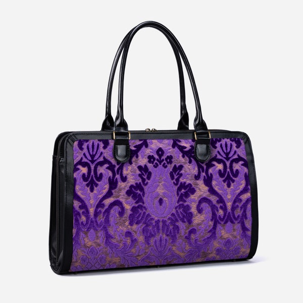 Handcrafted Carpetbag-Women Business Tote-Laptop Work Bag-Multi-Compartments Carryall for Laptop, Folders & Stationery-Burnout Velvet Purple