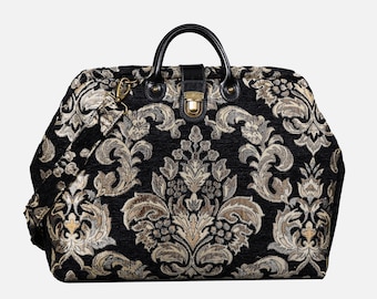 Bolso de trabajo para alfombras cosido a mano - Maletín para portátil - Bolso de trabajo vintage - Bolso de hombro de viaje - Estampado victoriano floral negro/dorado