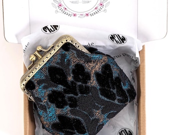 Handsewn Carpet Coin Purse-Vintage Double Kiss Lock Wallet-Ball Snap Clasp Pouch Bag-Gift for Her-Ready to Gift-Burnout Velvet Black