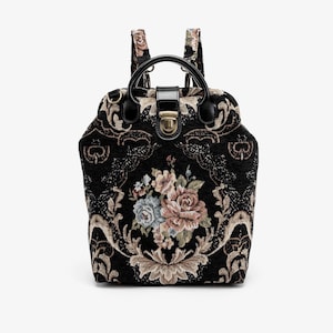 Carpet Everyday Backpack-Leather Minimalist Backpack-Versatile Crossbody Bag-Vintage Bag-Smart Organizers-Floral Black Leather Black