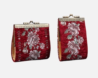 11 & 17 Card Slots Wallet-Handsewn Carpet Wallet-Vintage Kiss Lock ID Pouch-Clasp Card Holder-Gift for Her-Ready to Gift- Rose Trail Red