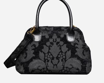 Carpet Satchel-Mary Poppins Carpet Bag-Everyday Carry Crossbody Bag-Victorian Blossom Black/Black