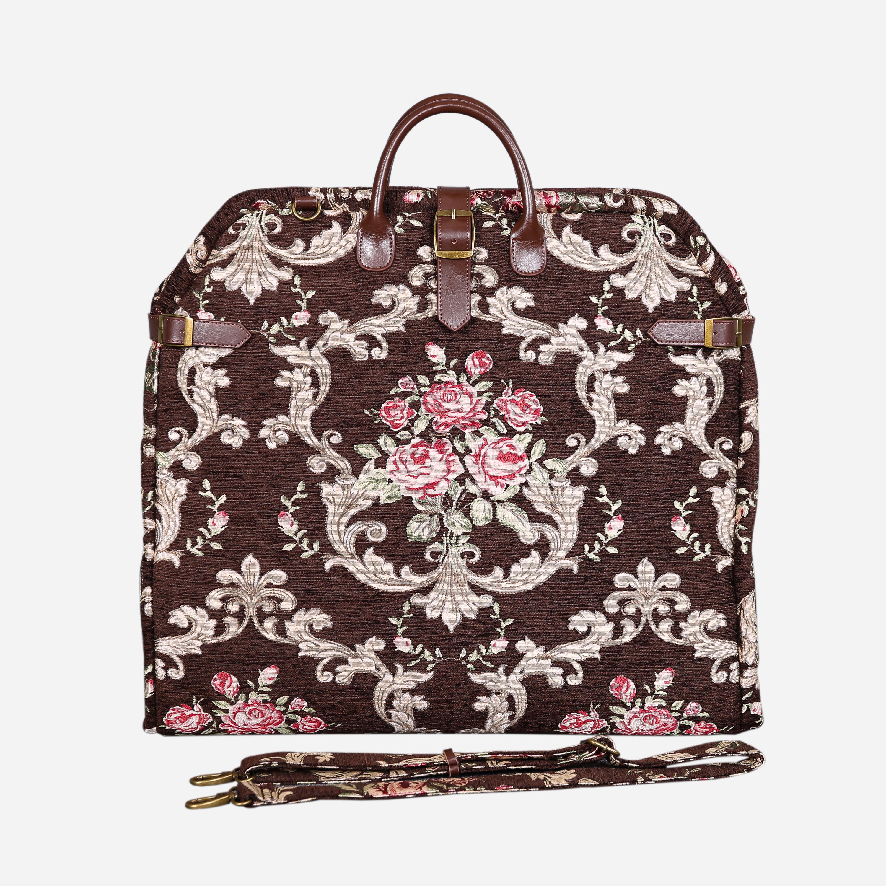 カーペットキャリーオン折りたたみ式ガーメントバッグ - ドレス、スーツ、アクセサリー用のオーガナイザーポケット付きエレガントなトラベルバッグ -  バロックガーデンブラウン