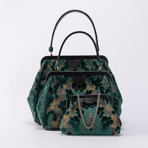 Carpet Bag-Alma Collection Carpet Purse-Everyday Carry Shoulder Bag - Top Handle Handbag - Clutch Evening Bag - Burnout Velvet Jade Green