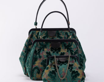 Carpet Bag-Alma Collection Carpet Purse-Everyday Carry Shoulder Bag - Top Handle Handbag - Clutch Evening Bag - Burnout Velvet Jade Green